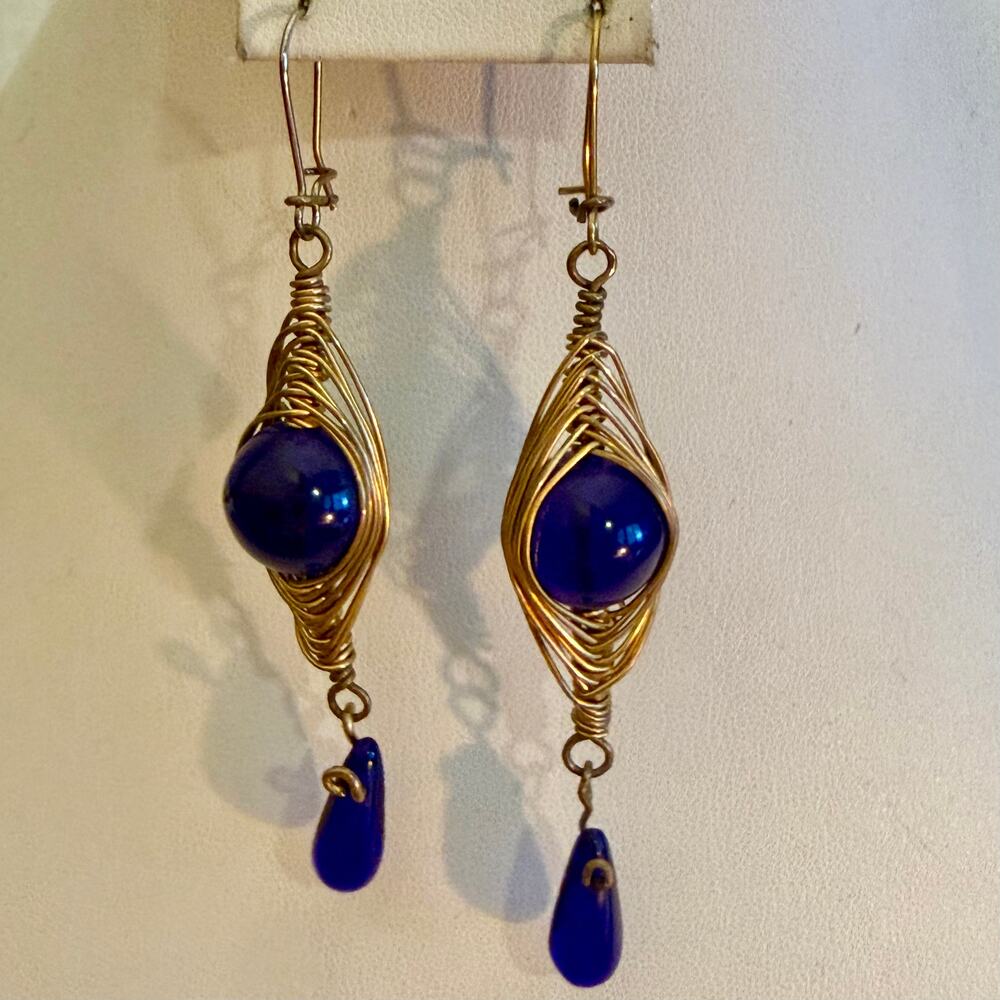 Boho Artisan Blue Glass Beaded Wire Wrapped Dangly Earrings